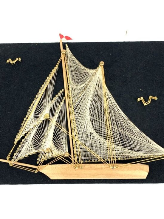 Other - 3D String Art Nail Sail Boat Ship Wall Wood Brass Felt 12 x 9" MCM